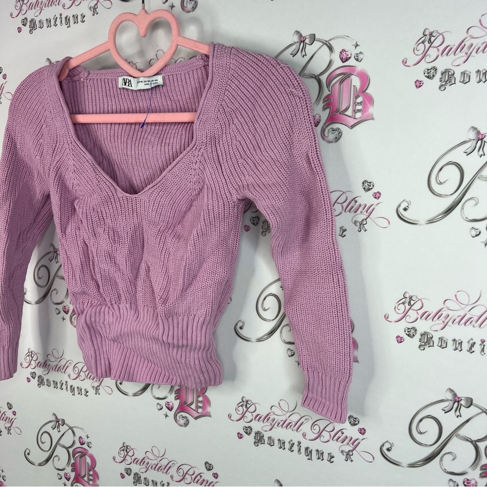 Zara sweater Vneck ribbed knitted purple pink Lilac Knit Sweater long sleeves - Picture 4 of 8